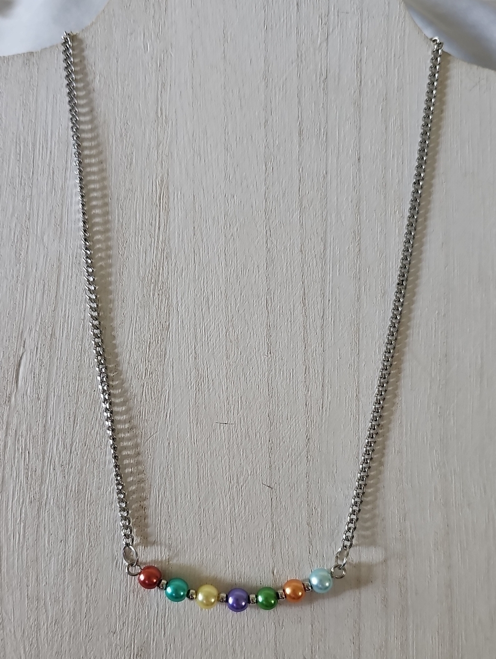 Silver Chain Necklace with Multicolor Glass Faux Pearls